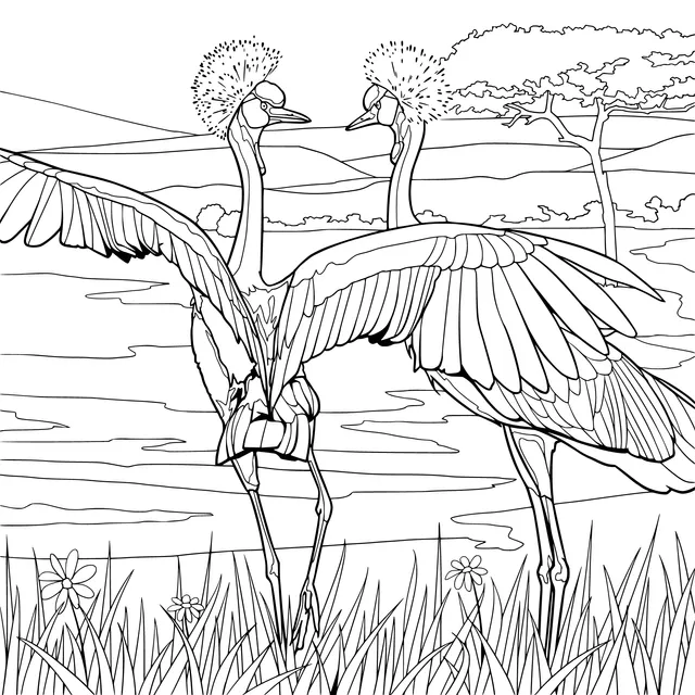 Two birds dancing on the grass