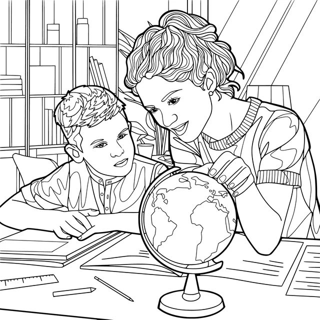 Mother and child studying geography together