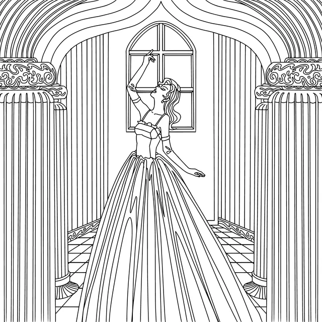 A lady in a red dress in a magnificent room