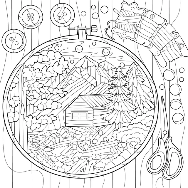 Beautiful Mountain Cabin Scene in Embroidery