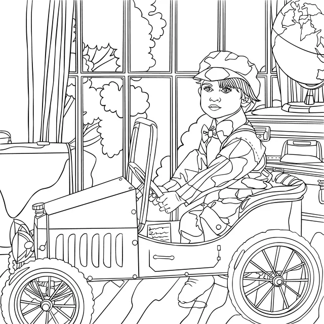 Child sitting in a toy car