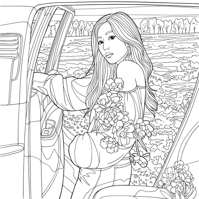 Woman with flowers in the car