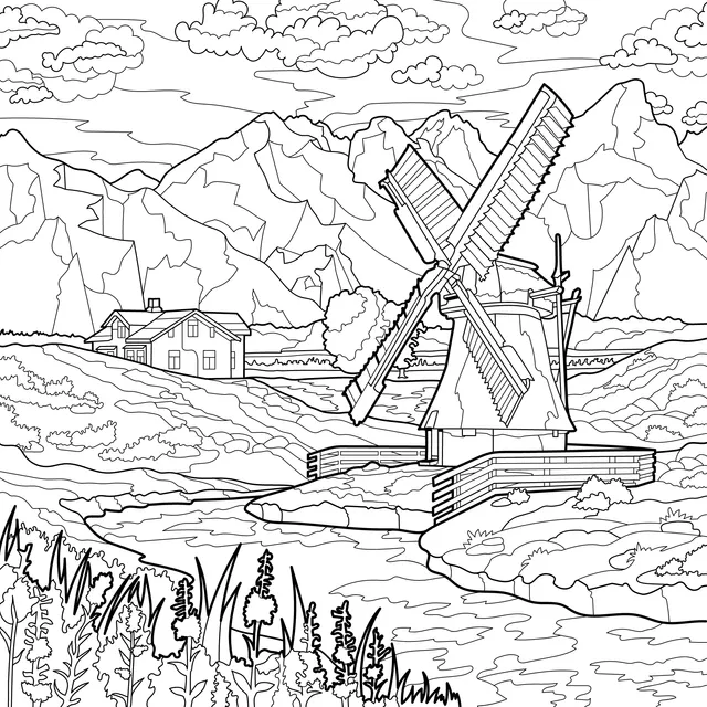 Rural Scenery with Windmill in the Mountains