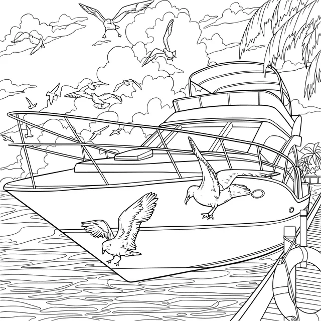 Yacht and Seagulls at the Dock