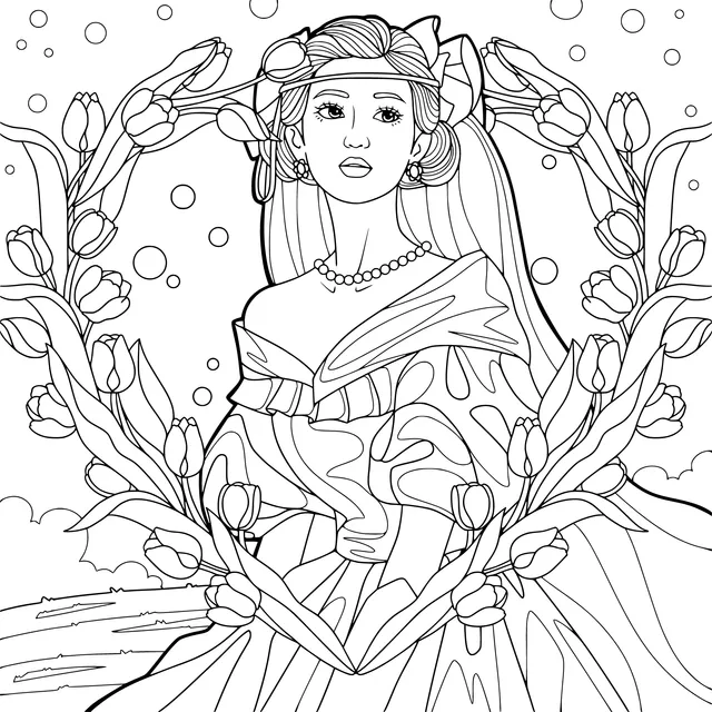 Lady in a pink dress surrounded by a flower - wreath