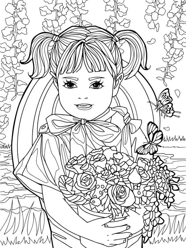 Little girl holding a bouquet of flowers