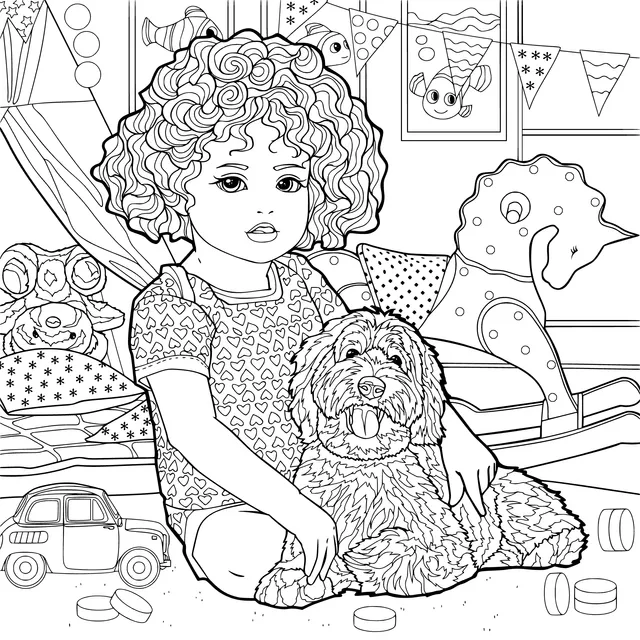Little Girl and Her Pet Dog in a Playful Room