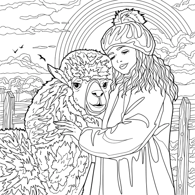 A Warm Moment between a Girl and an Alpaca