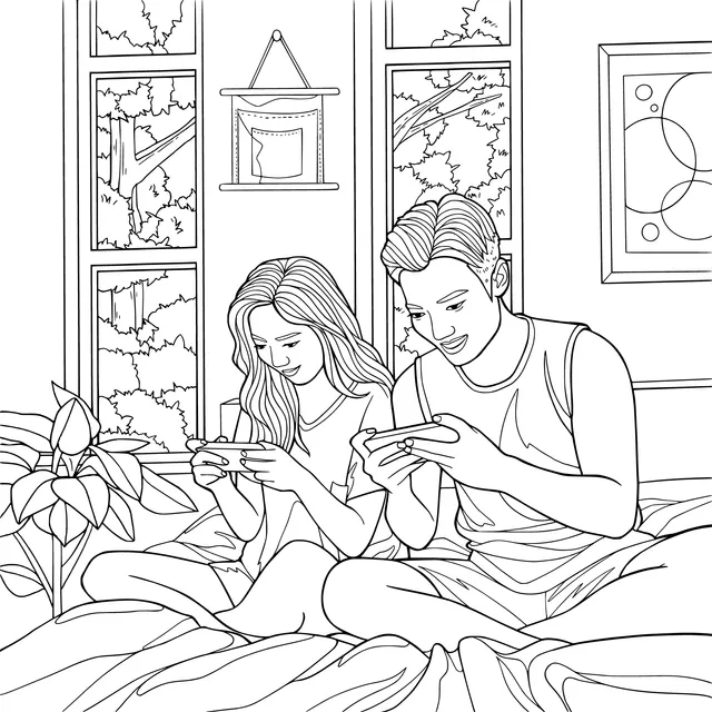 Couple playing mobile phones together in bed