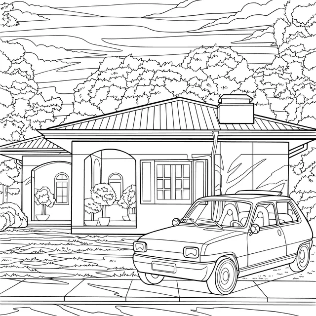 Pink car parked in front of a house