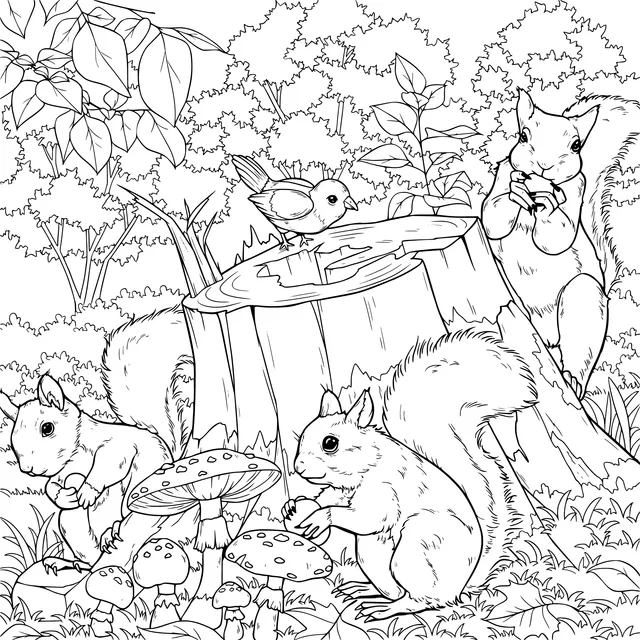 Squirrels and a Bird in the Forest