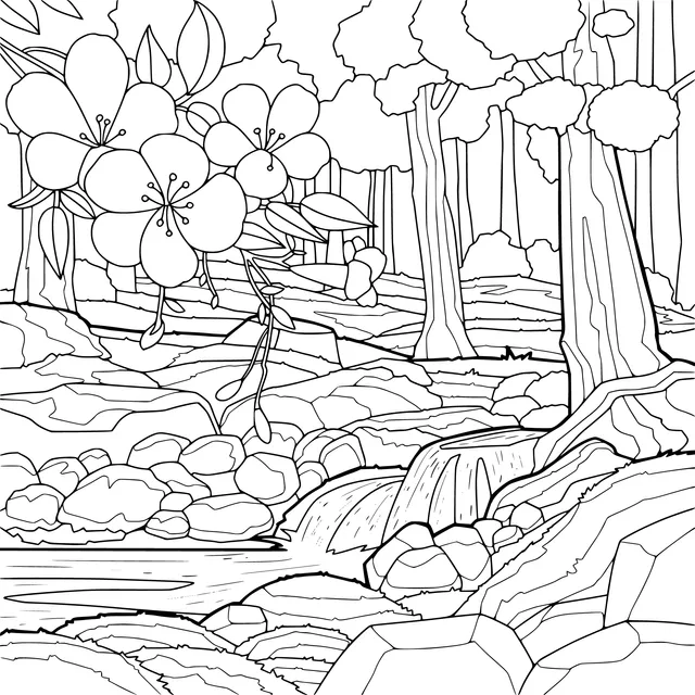 Stream and blooming flowers in the forest