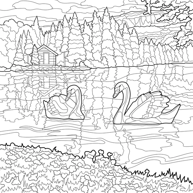 Beautiful Scenery of Swans and Cabin by the Lake