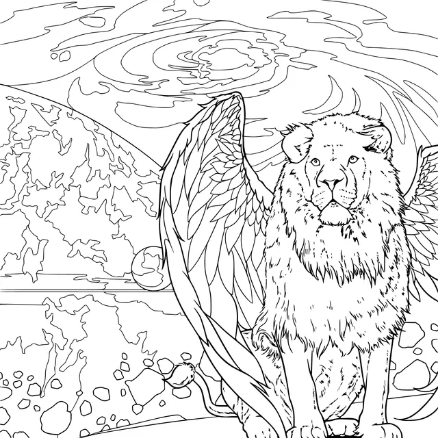 Winged Lion and Fantasy Background