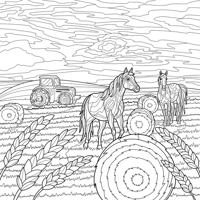 Horses and Tractor in a Rural Landscape