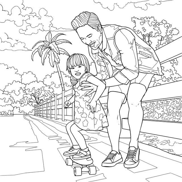 Father helping daughter play skateboard