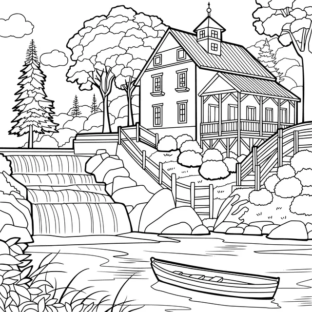 Beautiful Scenery of a Cottage by the Stream and a Waterfall