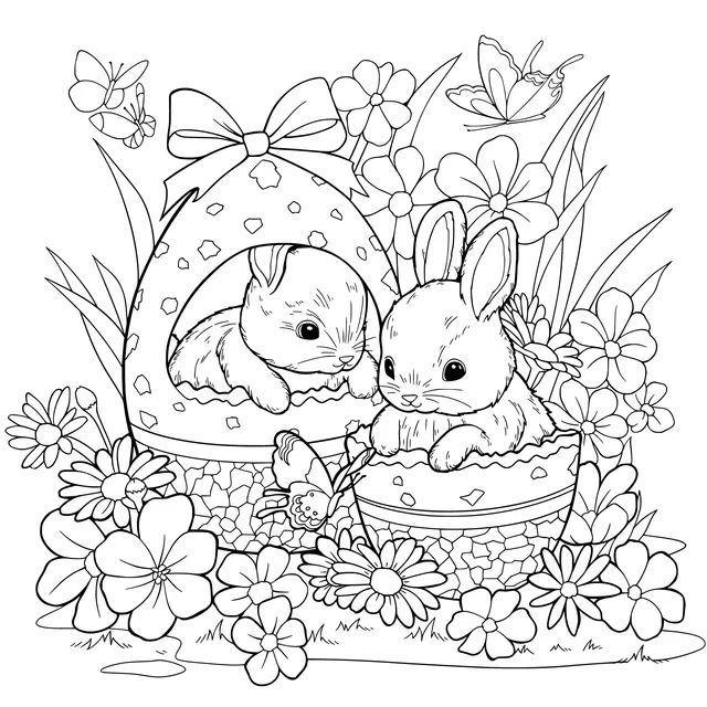Little Rabbits in Easter Eggs and Butterflies in Flower Beds
