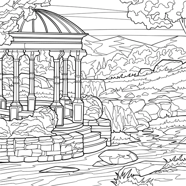 Beautiful Scenery of a Pavilion by the Stream