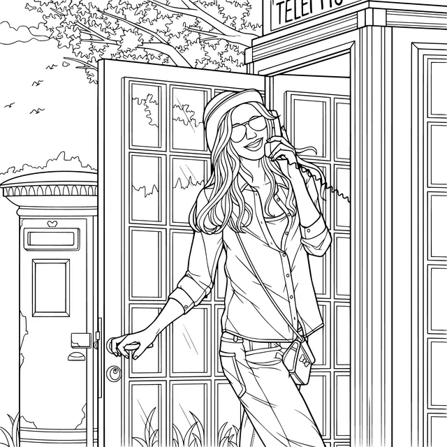 Woman making a call beside a red telephone booth