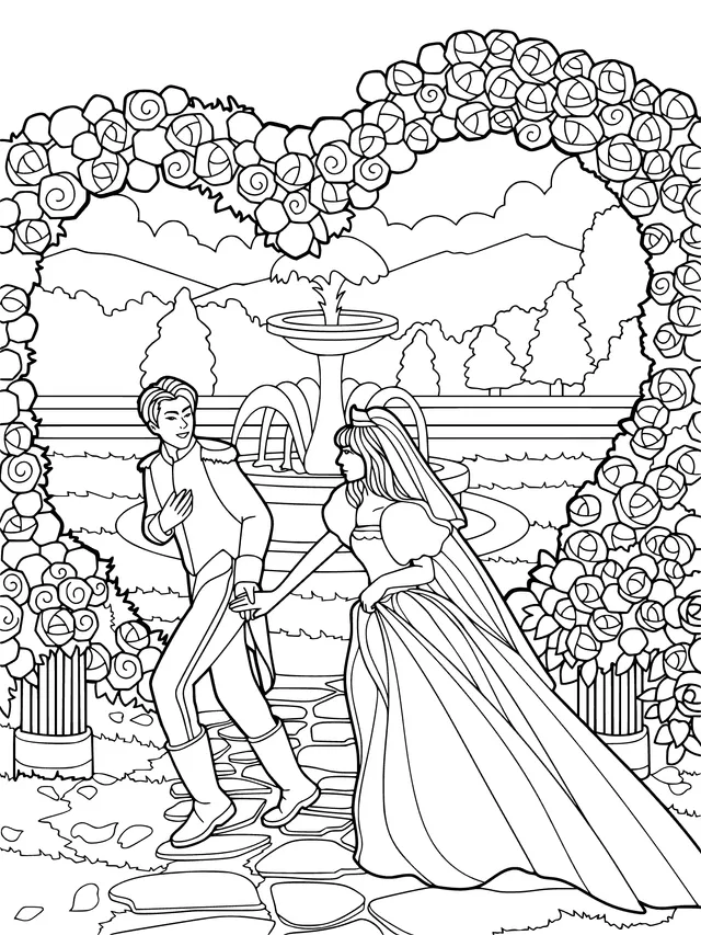Princess and prince stroll in a romantic garden