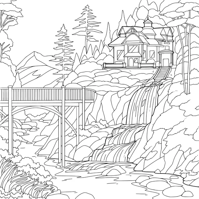 Cottage by the Mountain Waterfall