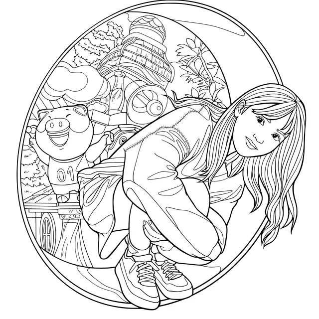 A Fun Scene of a Girl and a Cartoon Pig