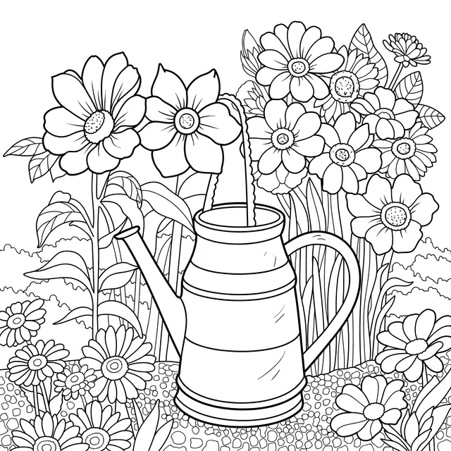 Watering Can and Blooming Flowers in the Garden