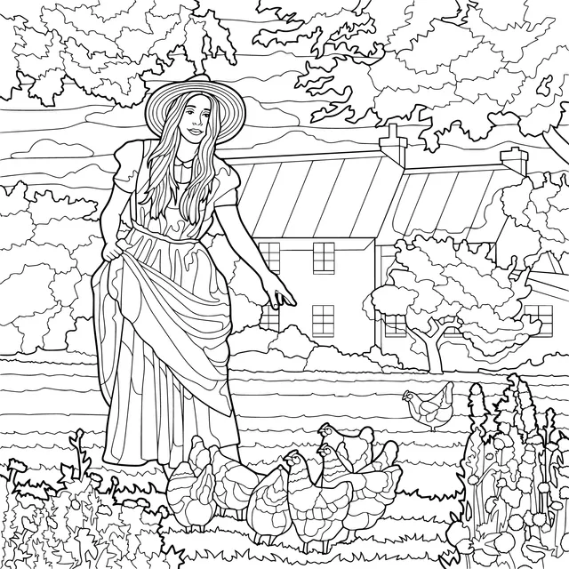 Woman feeding chickens beside a farmhouse