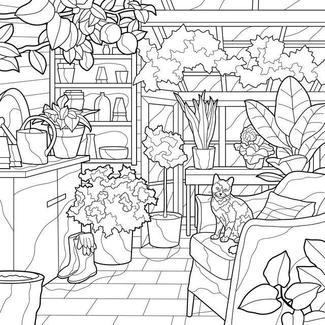Cat and Green Plants in the Greenhouse