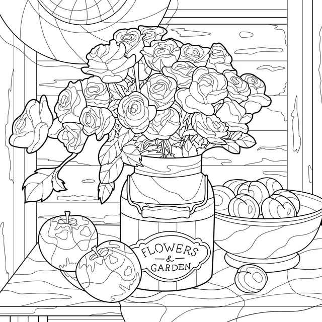 Colorful Roses in a Vase and Fruit Still - life