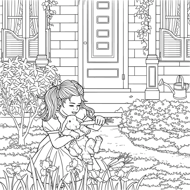 Girl feeding a teddy bear a carrot in the front - yard garden