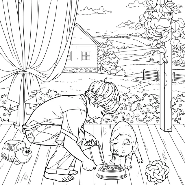 Boy feeding a pet dog