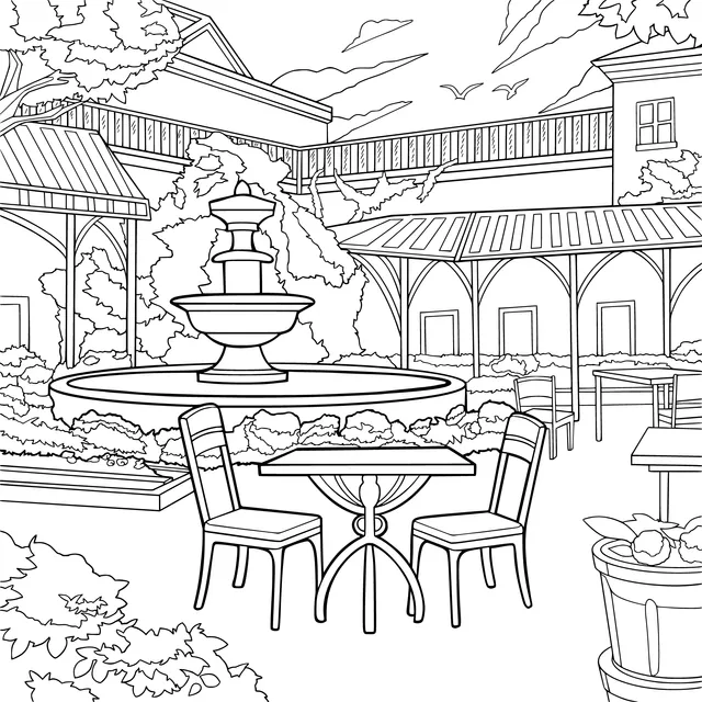 Fountain and Tables and Chairs in the Courtyard