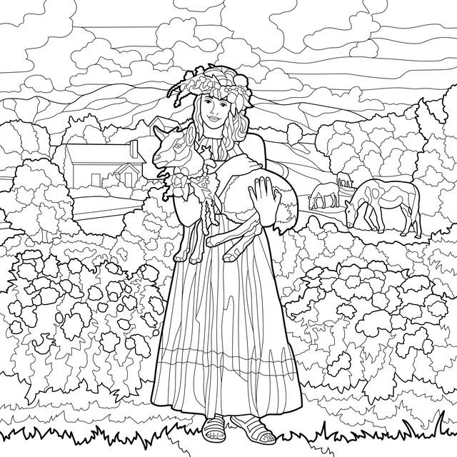 A Maiden and a Lamb in the Countryside