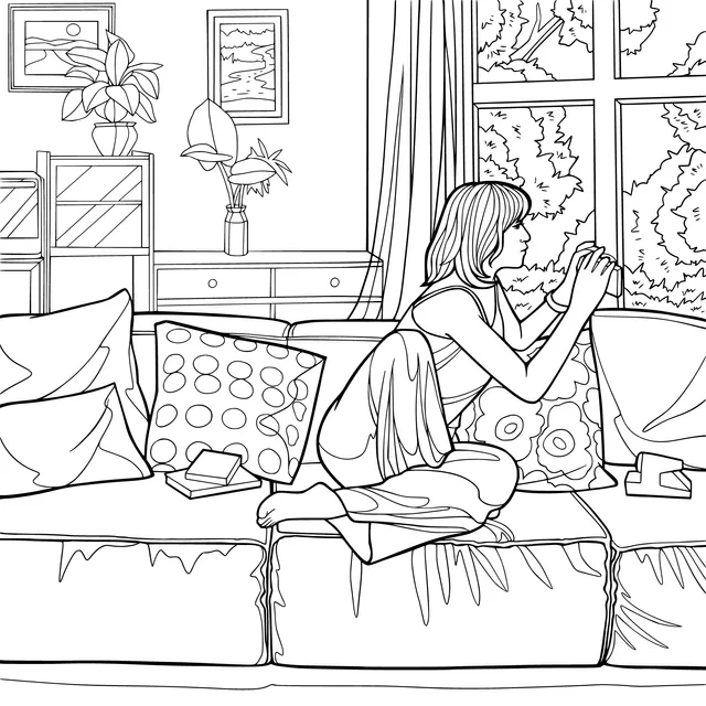 A woman in thought on the sofa
