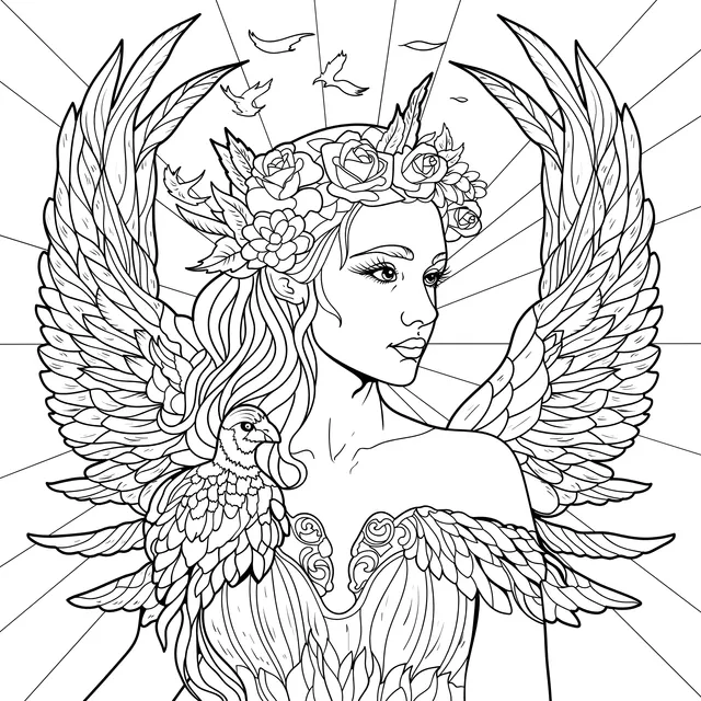 Beautiful woman with flower - wreath and wings