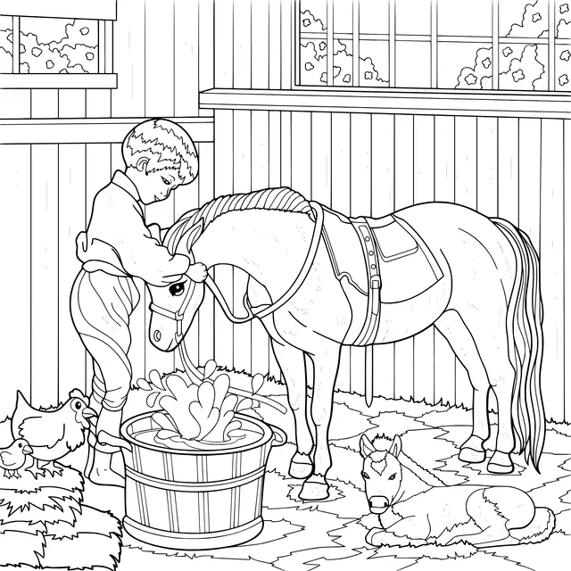 Child taking care of a horse in the stable