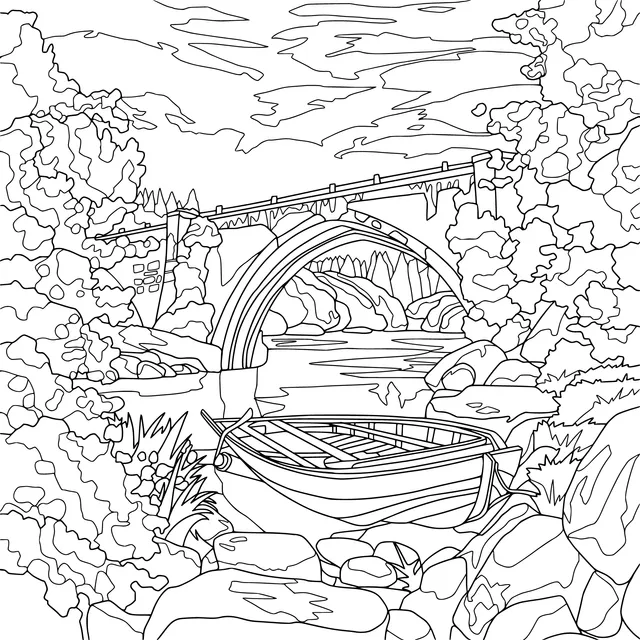 Ancient Bridge and Boat by the River