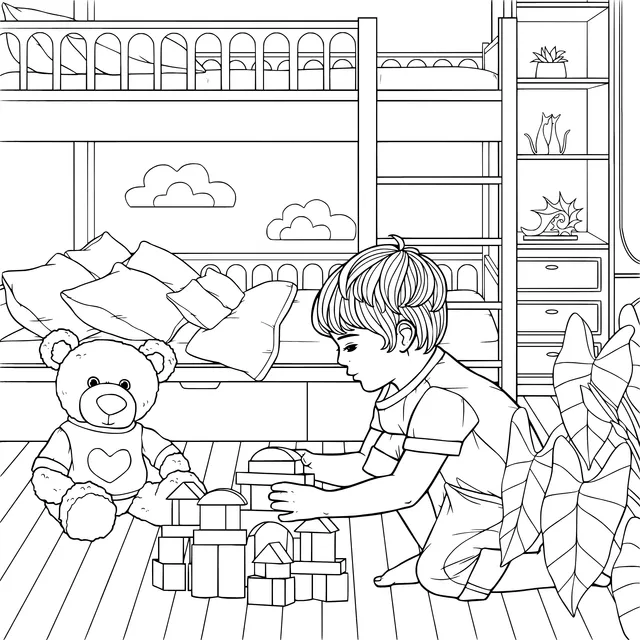 Little boy playing with building - blocks in the room