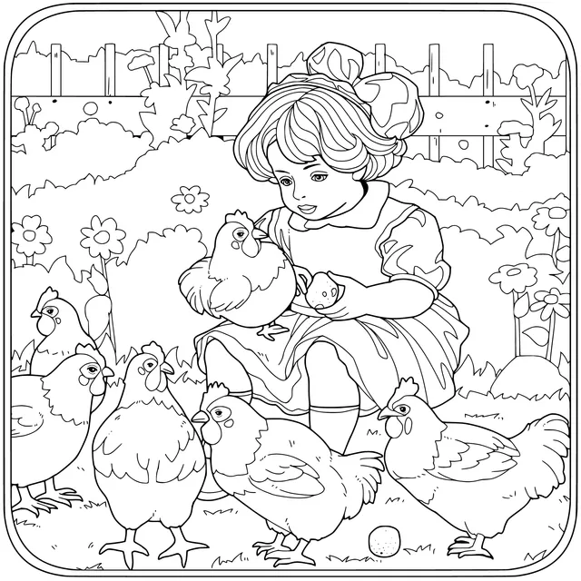 Little girl and chicks in the garden