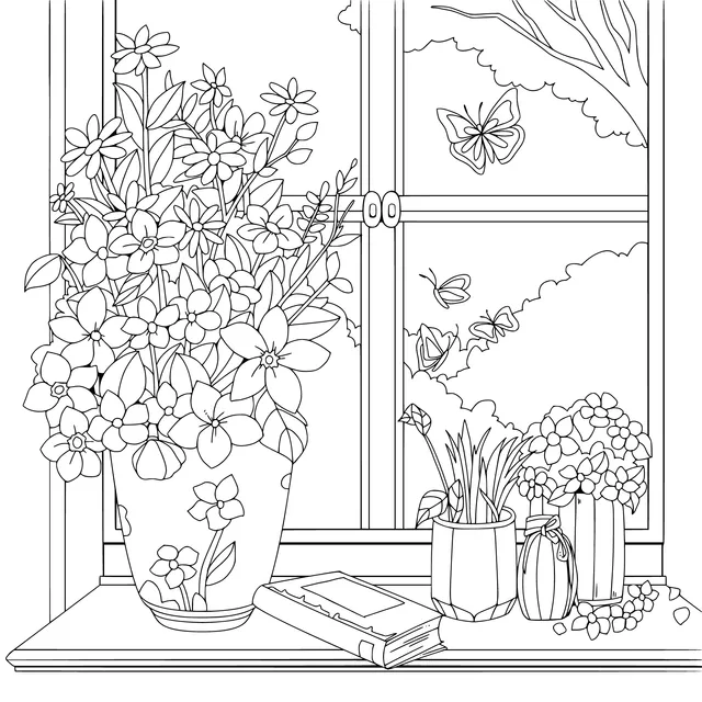 Flowers and Butterflies by the Window