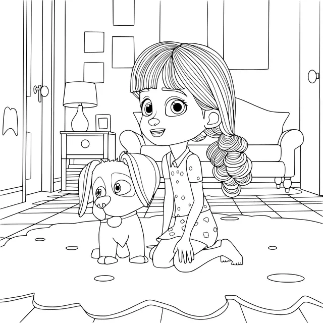 A little girl and a puppy in the room
