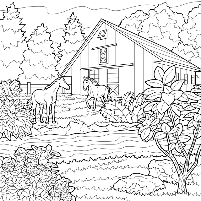 Red Barn and Horses in a Pastoral Landscape