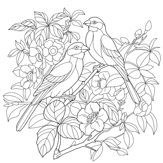 Two Birds on a Flower - laden Branch
