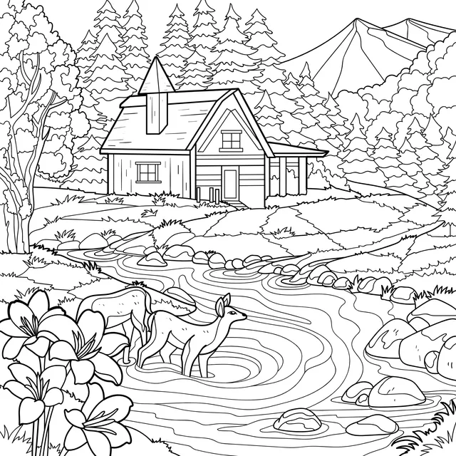 Autumn Cabin and Deer by the Stream