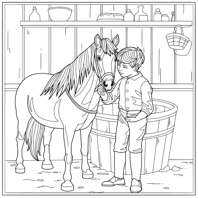 Boy interacting with a horse in a stable