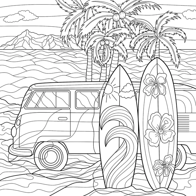 Pink Van and Surfboards on the Beach