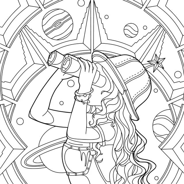 Girl exploring the universe with binoculars