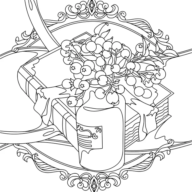 Decorative Illustration of Berries in a Jar and Books